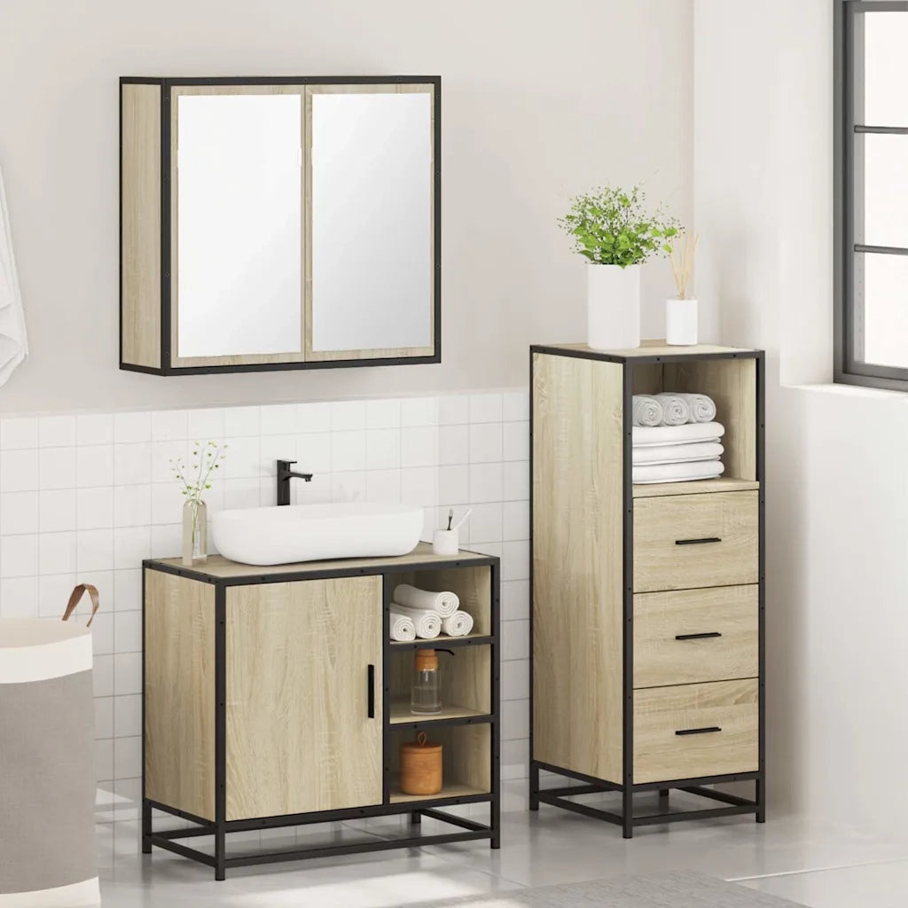 Set Mobili da Bagno 3 pz Rovere Sonoma in Legno Multistrato