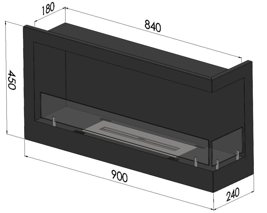 Camino a Bioetanolo da Incasso 90x45 cm Corner 900 Right Destro Nero con Vetro