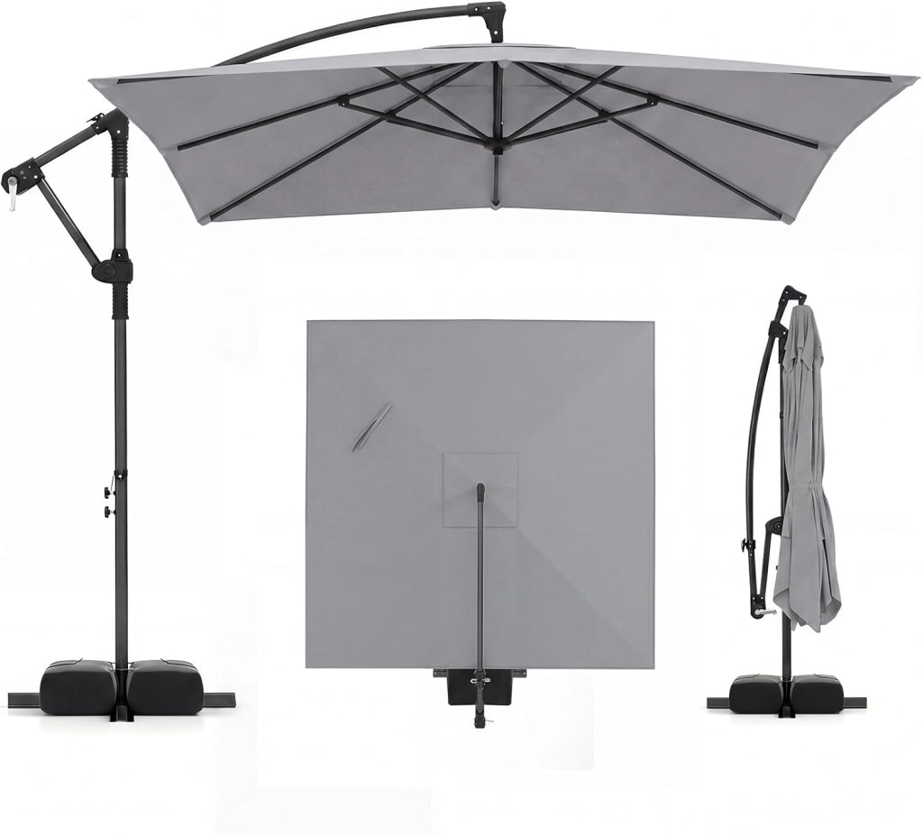 Ombrellone da Giardino 250 cm, Tettuccio Girevole e Ventilato | Protezione Solare, Resistente, Portatile, Sacchi di Sabbia, per Balcone, Esterno, Spiaggia (Grigio, 0 Luce LED)
