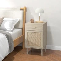 Set 2 Comodini per Camera da Letto con Cassetto e Anta in Rattan Stile Boho, Colore Legno