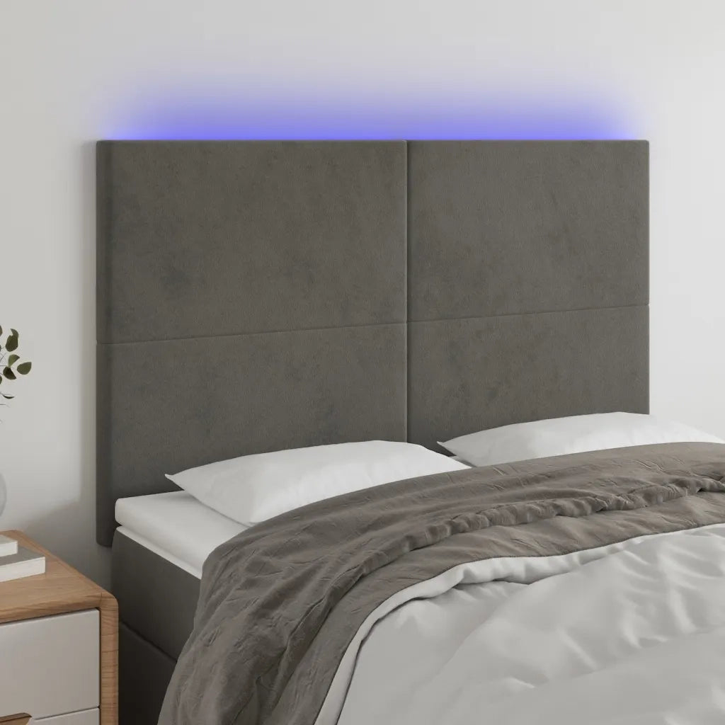 Testiera a LED-Testata con LED Grigio Scuro 144x5x118/128cm in Velluto 228808