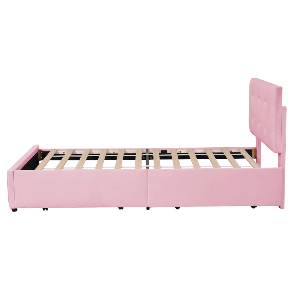 Letto imbottito con rete 90x200 cm; con testiera e cassetto contenitore; velluto rosa