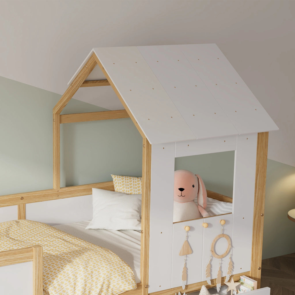 DESMIU Letto per Bambini Semialto 1 Posto con 4 Cassetti, Tetto e Finestra, 90 × 200 cm, Senza Materasso