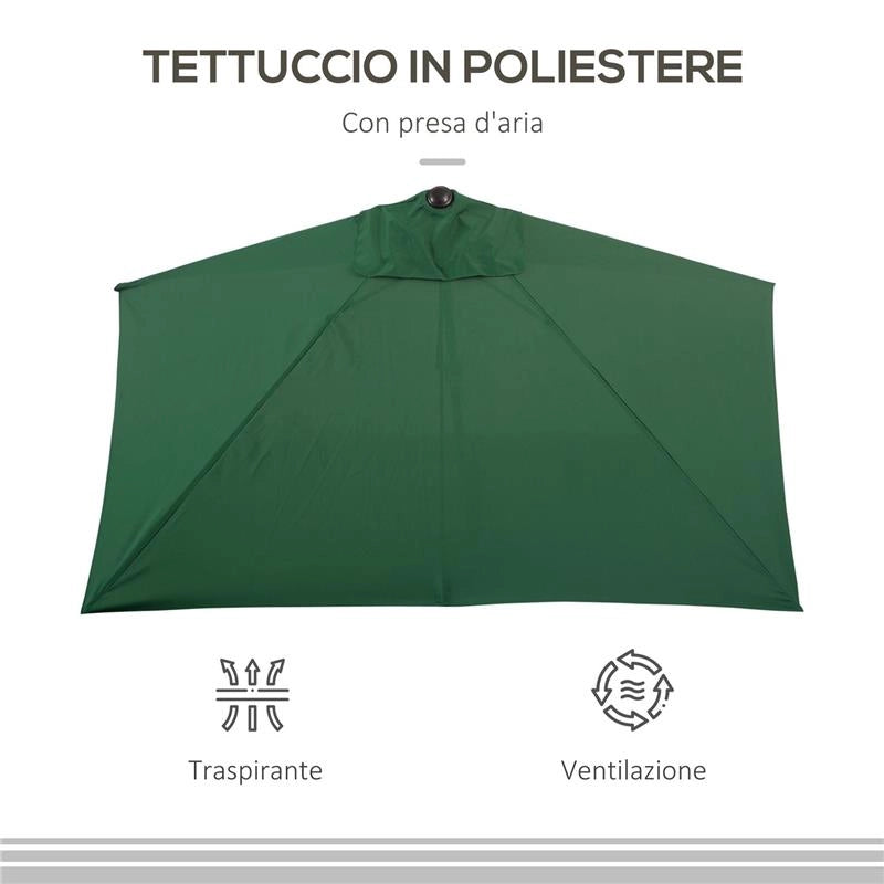OMBRELLONE DA PARETE MEZZALUNA SALVASPAZIO CON APERTURA A MANOVELLA VERDE