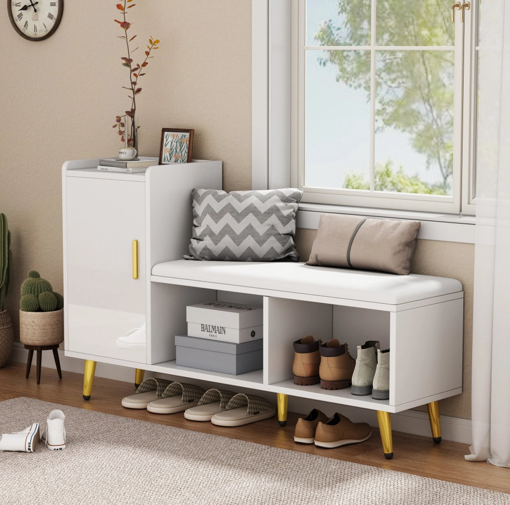 Mobile scarpiera con panca 120 cm bianco lucido con ripiani regolabili HAVRYA