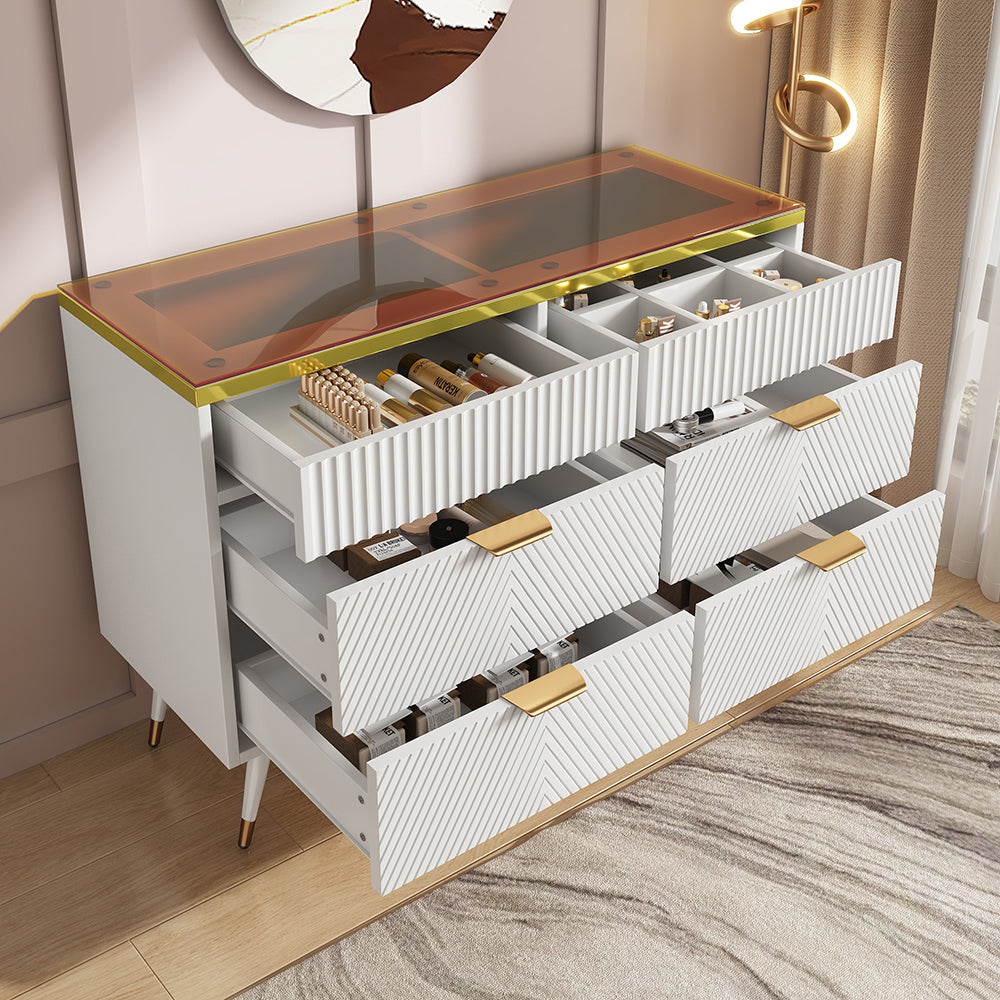 Buffet con maniglie in metallo - Xylo - 6 cassetti e 2 scompartimenti, facciate in vetro ambra, design a strisce irregolari, bianco