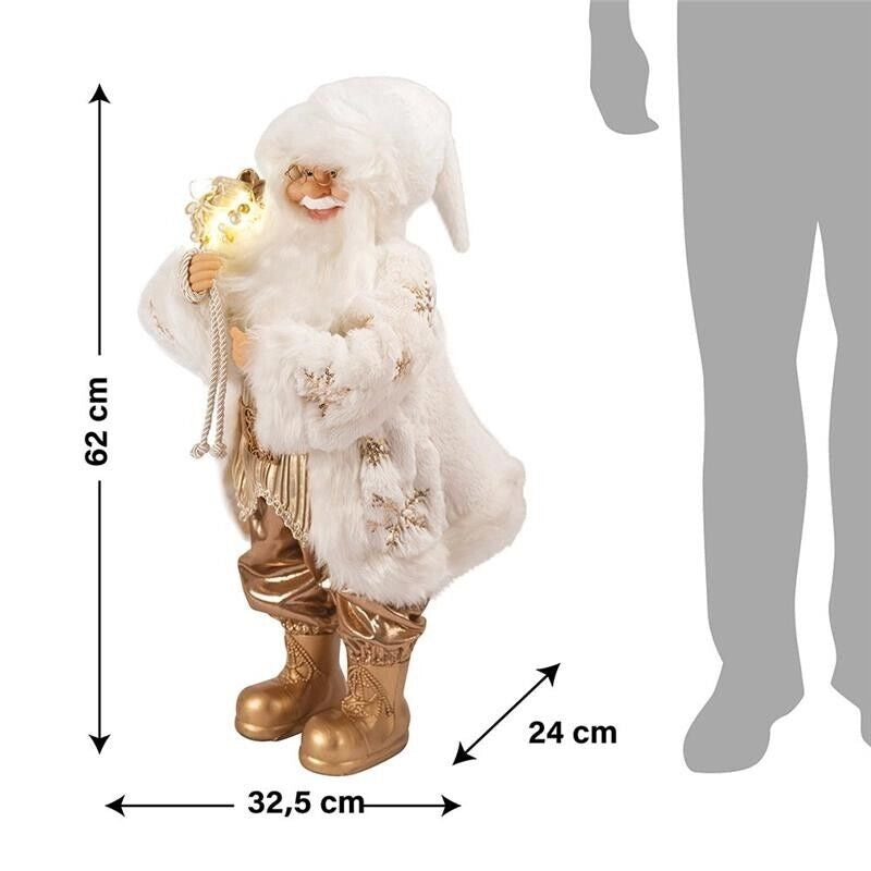 BABBO NATALE A PUPAZZO COLORE ORO BIANCOCON SACCO E 12 LED H62 CM