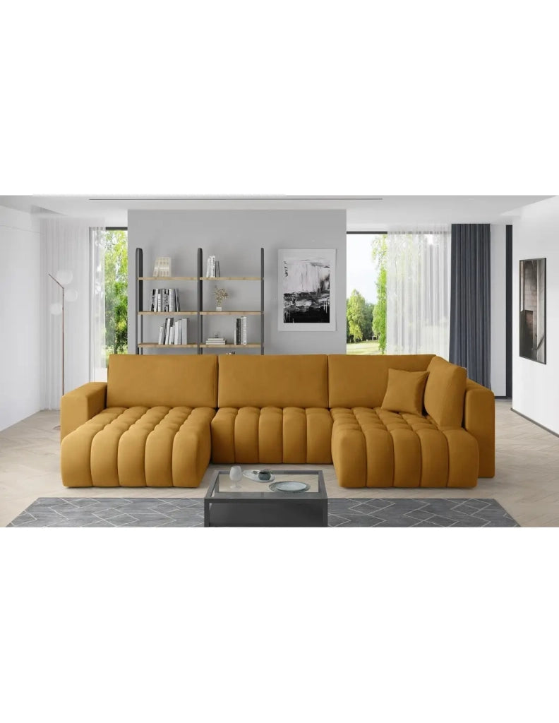 Divano ad angolo BONITA convertibile 6 posti giallo arancione tessuto – sinistra – 350x175cm