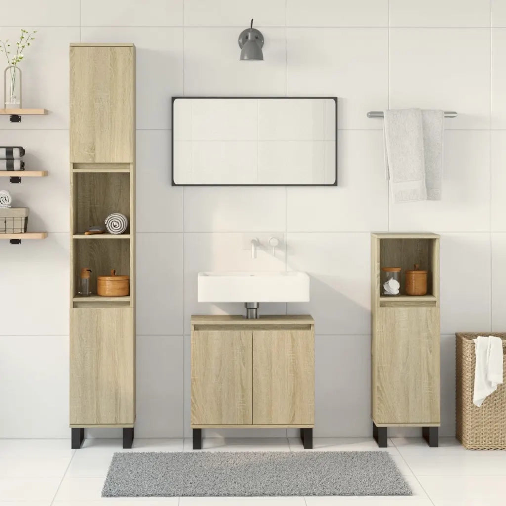 Set Mobili da Bagno | Armadio da bagno 3 pz Rovere Sonoma in Legno Multistrato