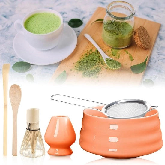 Set di the per matcha completo di set di raschiatura, ciotola, cucchiaio, set di filtro e contenitore per ciotola - Set di the ceramico giapponese per appassionati di the in arancione, 6 pezzi
