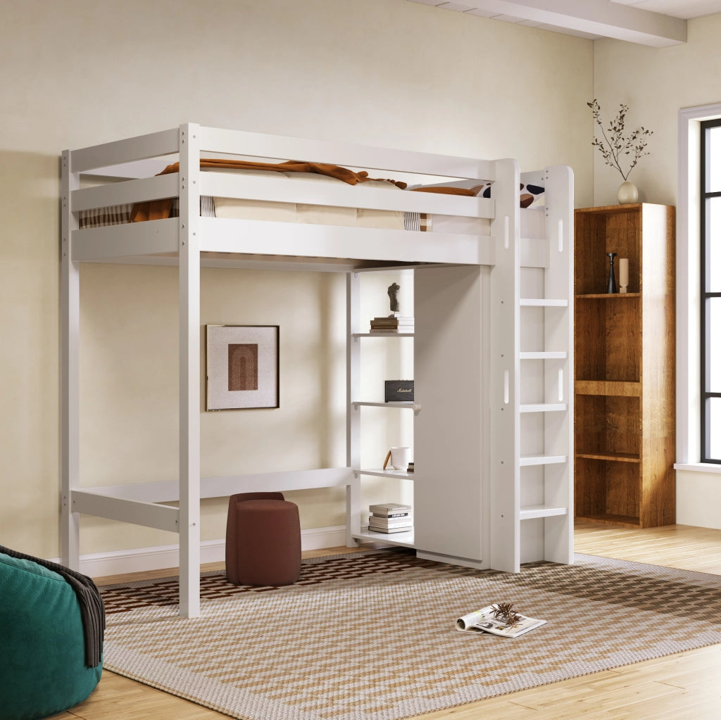 Letto a soppalco 90x200 cm con armadio e 6 ripiani bianco