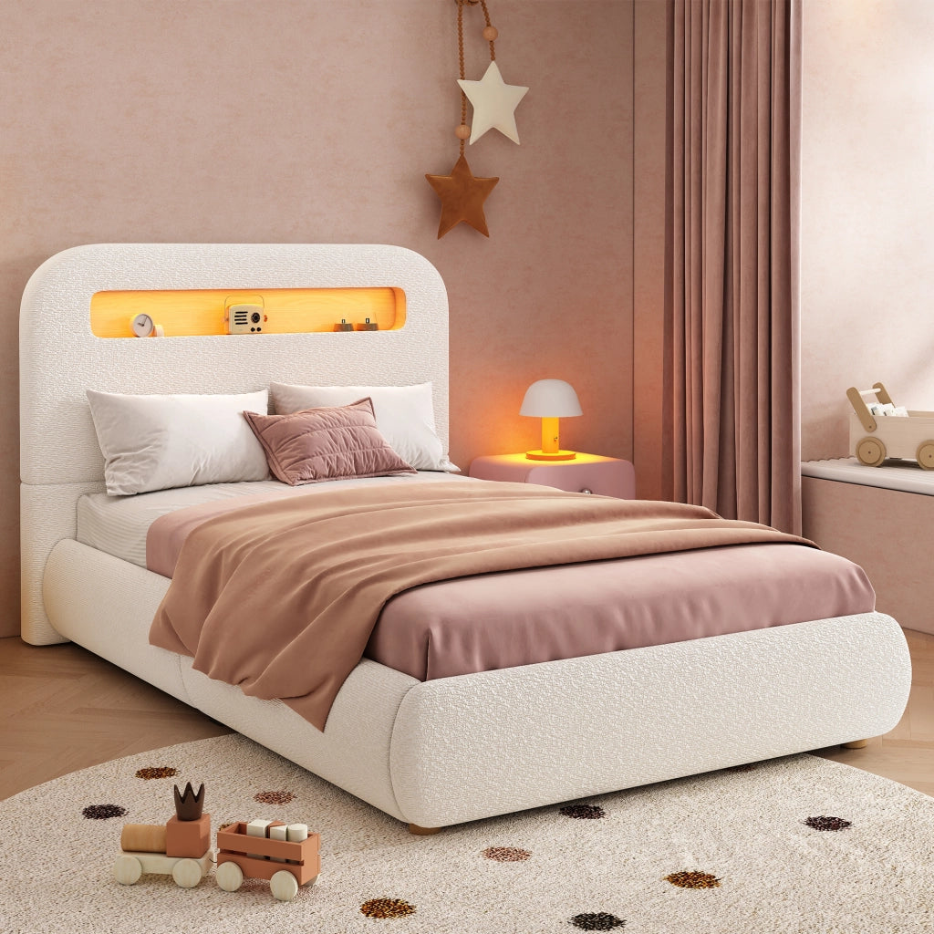 Letto Singolo 90x200 cm con Contenitore e LED; Letto in Bouclé Bianco