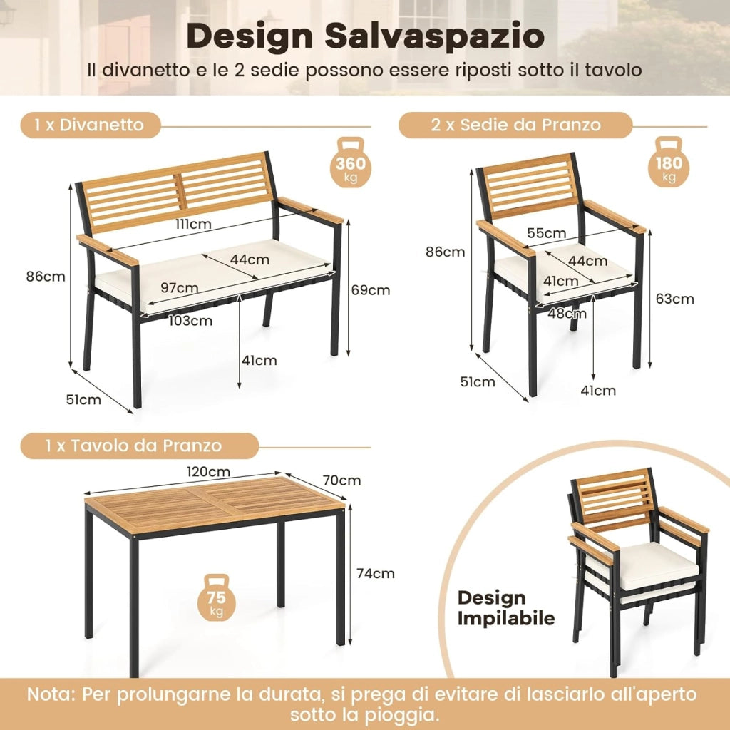 Set Pranzo da Giardino, Tavolo da Pranzo con 2 Sedie e Panca, Mobili da Esterno Ergonomiche Legno di Acacia con Foro per Ombrellone e Comodi Cuscini, per Bordo Piscina, Terrazza