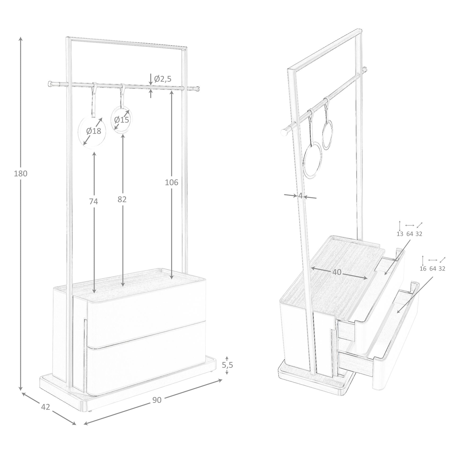 Appendiabiti in pelle di visone, noce e acciaio inox