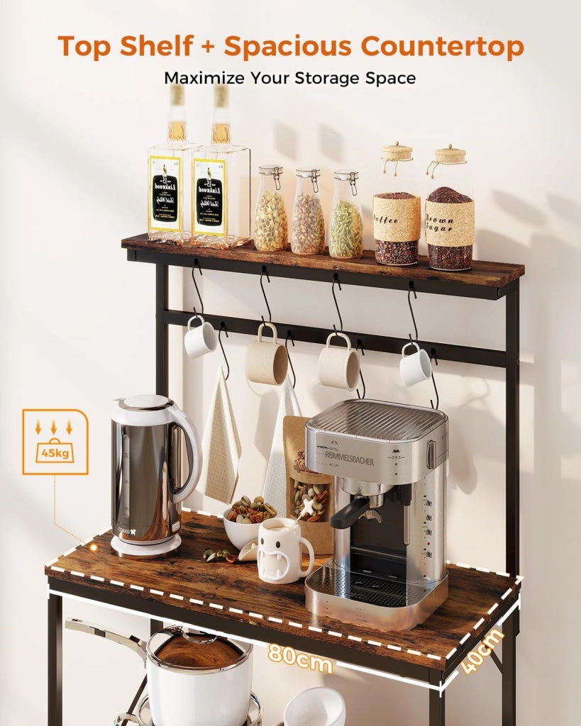 Scaffalatura, Scaffale Cucina, Scaffale a Piede, Scaffale per Microonde, Scaffale Spezie, Libreria con Protezione Anti-Ribaltamento, Mobile con 4 Ripiani, 8 Ganzi a S, 80x40x126cm, Marrone