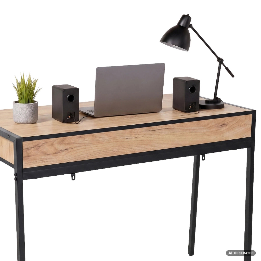 Scrivania industriale per computer Rovere Craft ZENTIA 100 cm 2 cassetti gambe nere