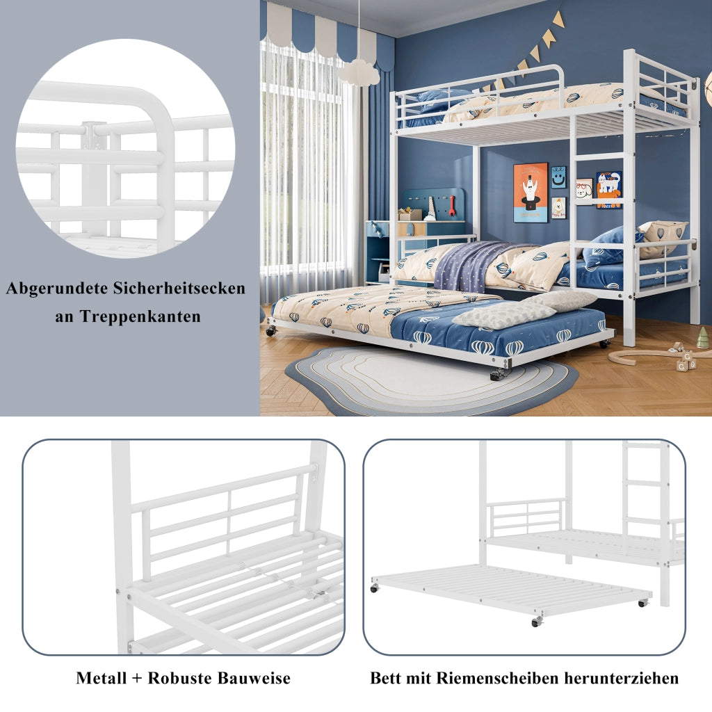 Letto a Castello 3 Posti con Letto Estraibile; Sponde e Scala; 90 x 200 cm e 90 x 190 cm; senza Materasso