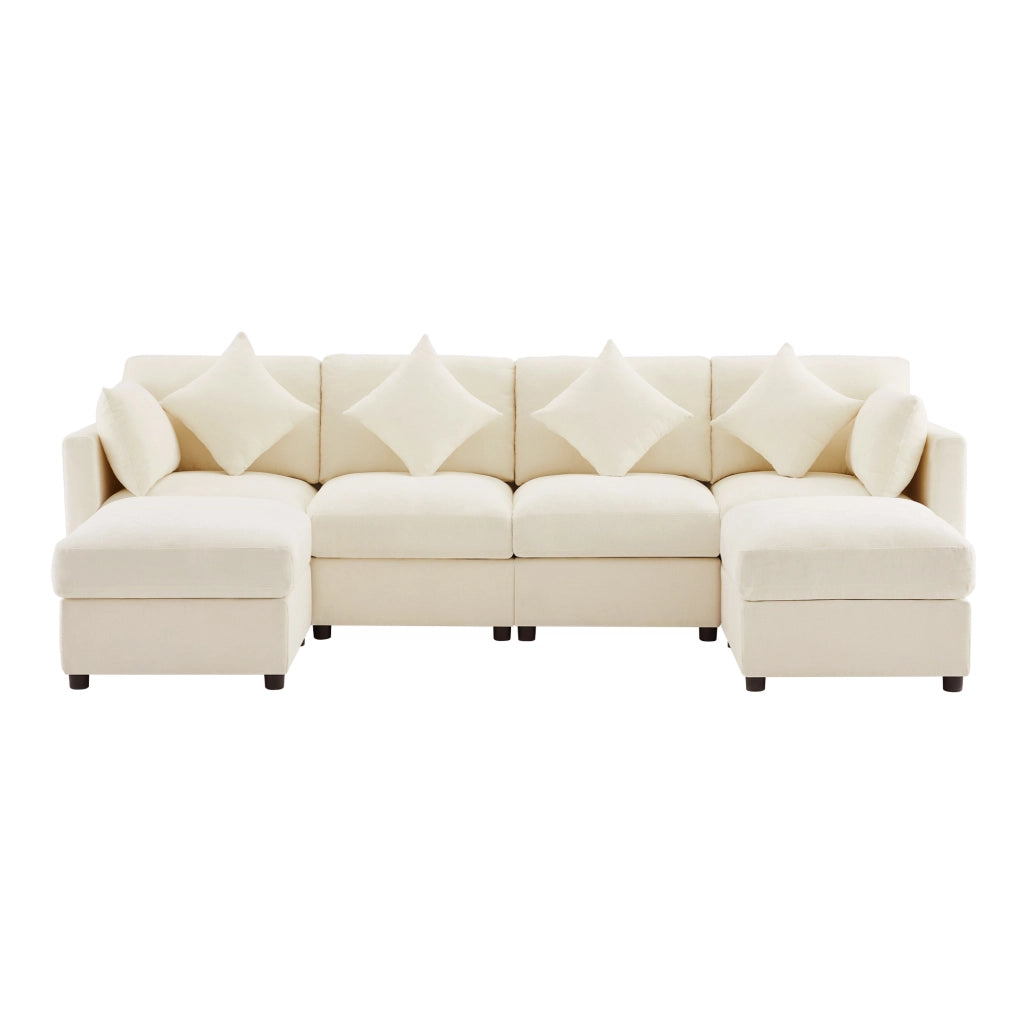 Divano modulare angolare a L in chenille beige 284x156;5x86 cm con 2 pouf e cuscini