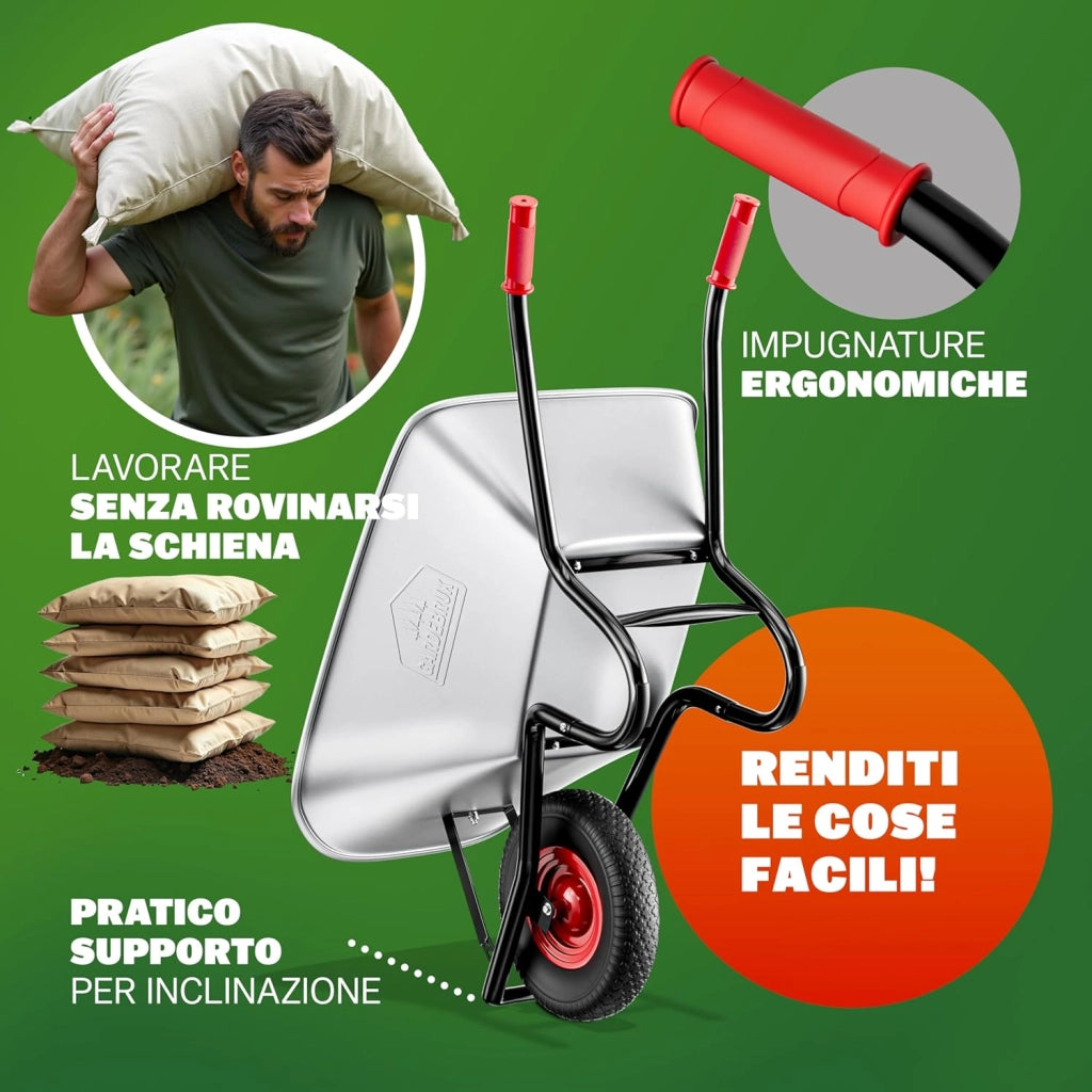 Carriola da Giardino 100 Litri 250kg Acciaio Zincato Manici Gommati Ergonomici Carriole per Fiori Carriola da Costruzione Trasporto Legna