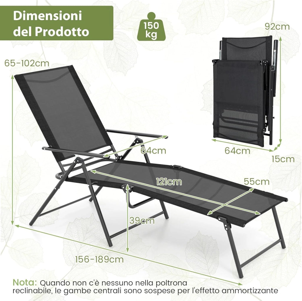 Set di 2 Lettini Prendisole da Giardino, Sdraio Pieghevoli con Schienale e Poggiapiedi Regolabili, in Tessuto Textilene con Braccioli, per Terrazza e Piscina, Portata 150 kg (Nero)