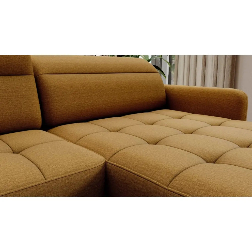 Canapé d'angle convertible BERTHO 306 cm giallo aranciato – Angolo destro con contenitore