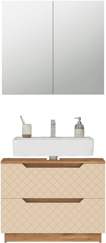 Set di mobili da bagno Lotta, Rovere/cashmere con struttura in piastrelle, 2 parti