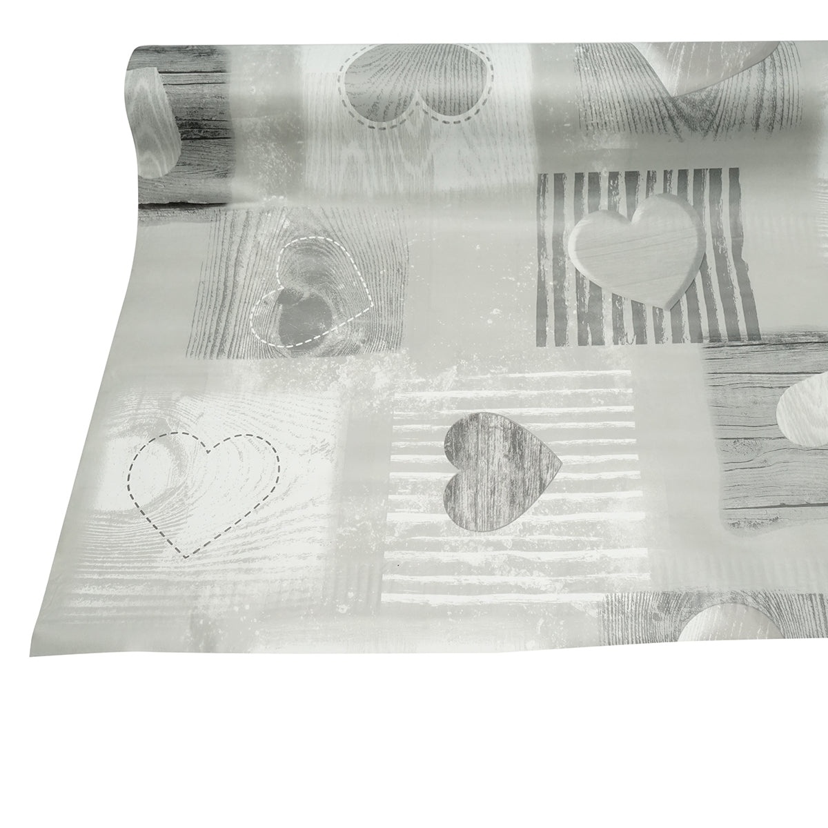 Rotolo tovaglia decorativa in PVC – modello cuori grigi Materiale: PVC con supporto tessile (45 g/m²)  Dimensioni rotolo: 1,37 × 20 m Breckner Germany
