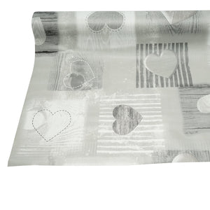 Rotolo tovaglia decorativa in PVC – modello cuori grigi Materiale: PVC con supporto tessile (45 g/m²)  Dimensioni rotolo: 1,37 × 20 m Breckner Germany