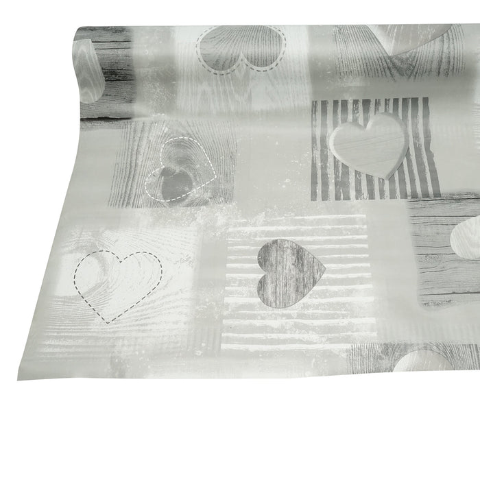 Rotolo tovaglia decorativa in PVC – modello cuori grigi Materiale: PVC con supporto tessile (45 g/m²)  Dimensioni rotolo: 1,37 × 20 m Breckner Germany
