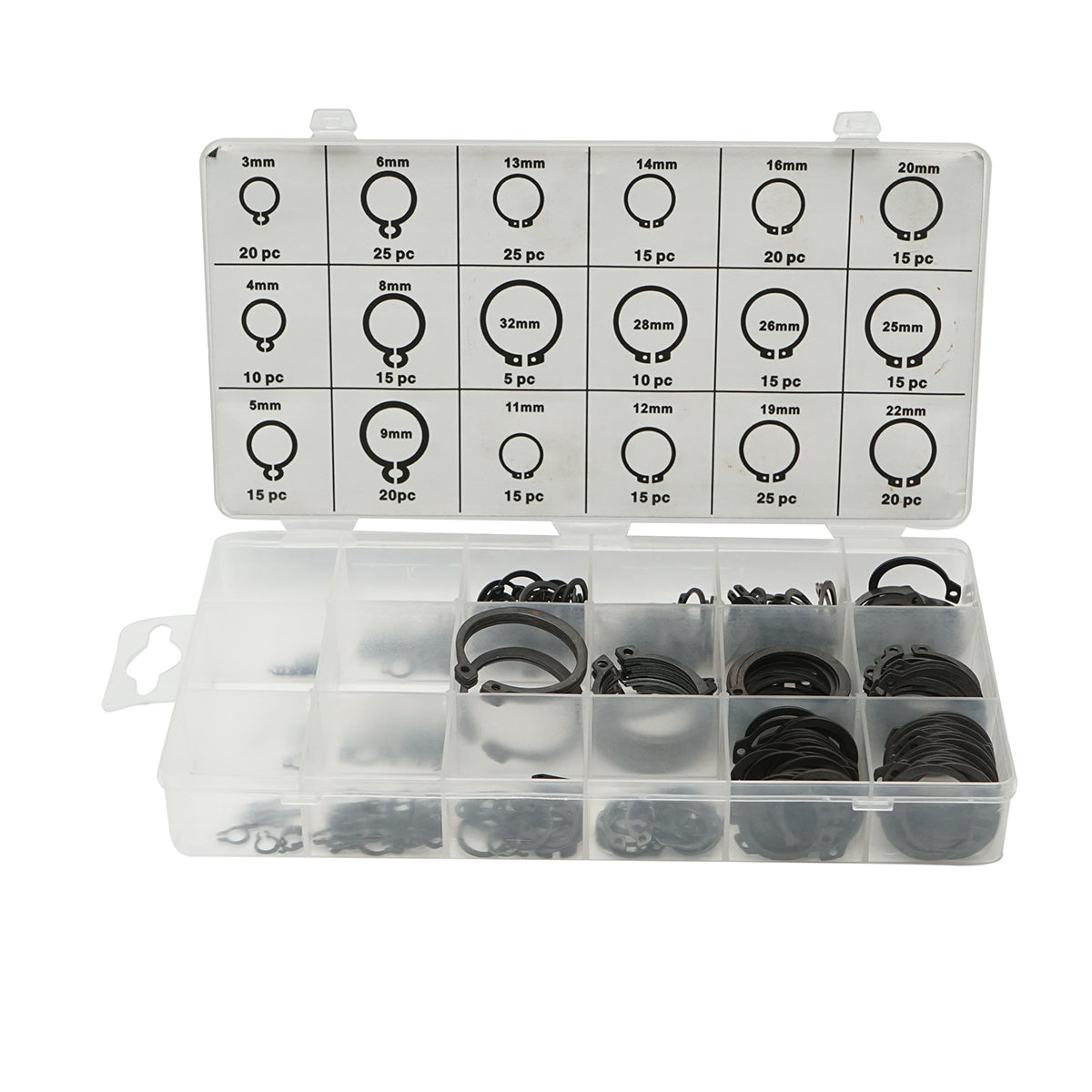 Set anelli di sicurezza Seeger esterni 3–32 mm, 300 pezzi