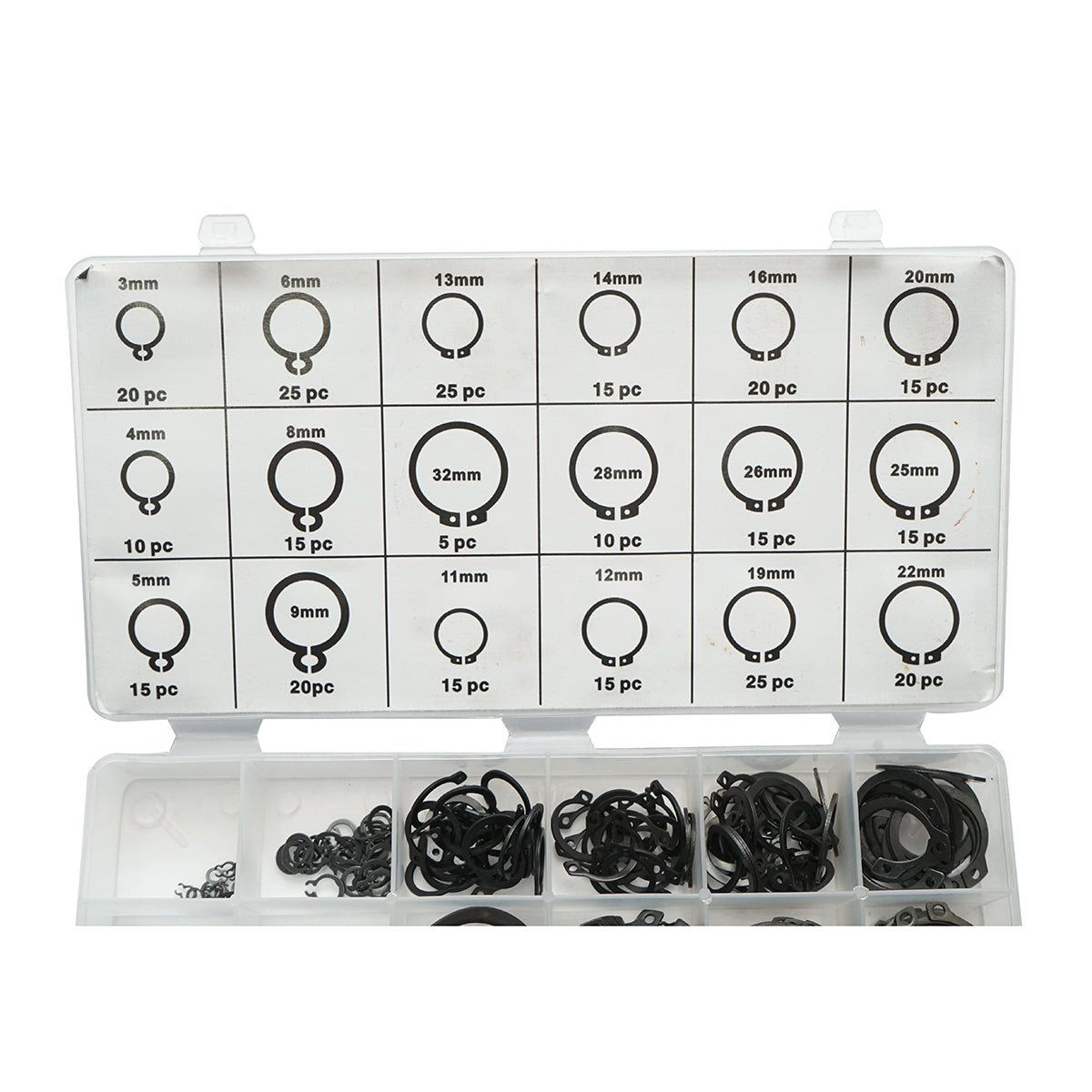 Set anelli di sicurezza Seeger esterni 3–32 mm, 300 pezzi