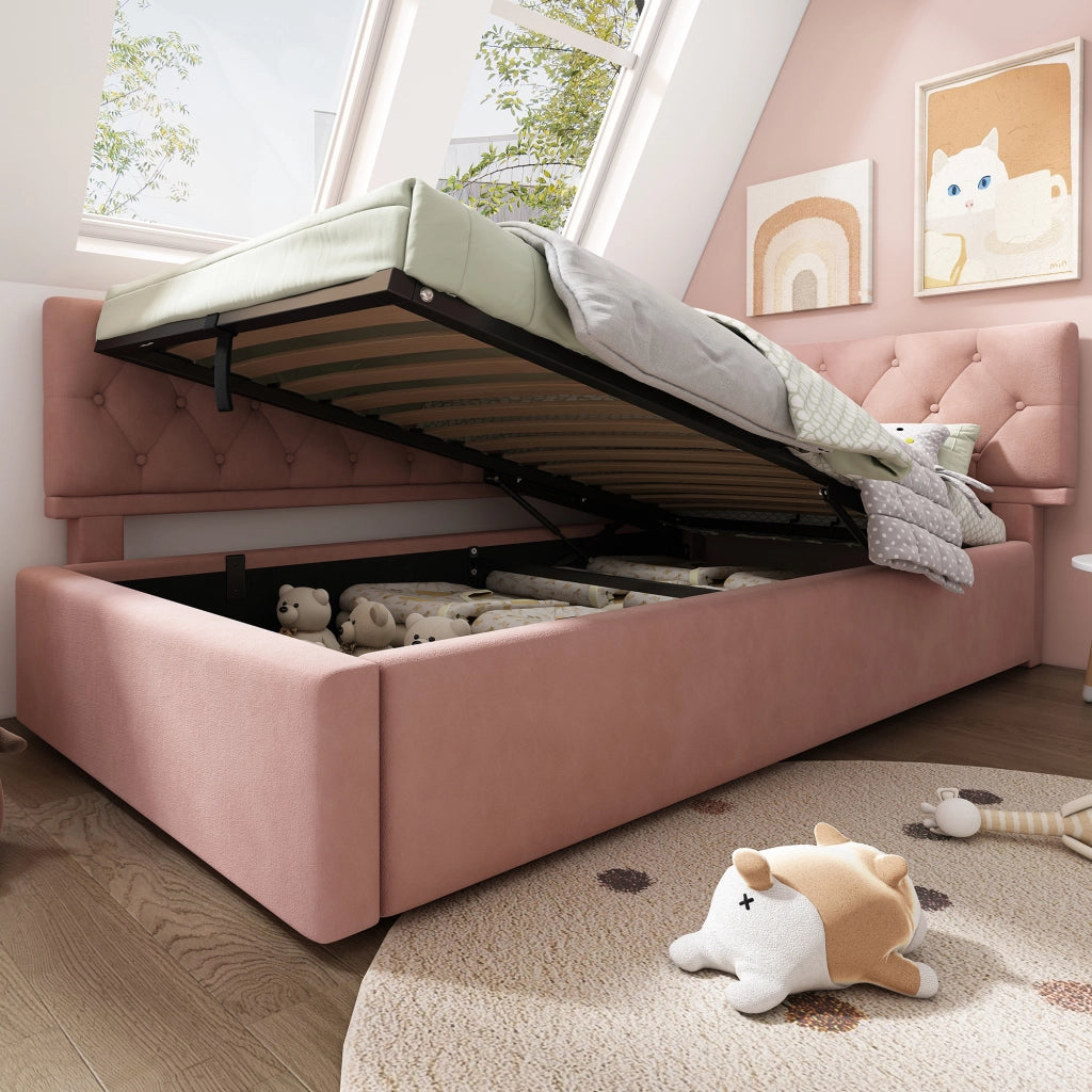 Letto singolo 90x200 cm in velluto rosa con contenitore idraulico, testiera reversibile e rete a doghe
