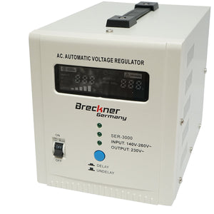 Stabilizzatore di tensione automatico 3000VA con relè monofase, 2 prese schuko 230V, display LCD Breckner Germany
