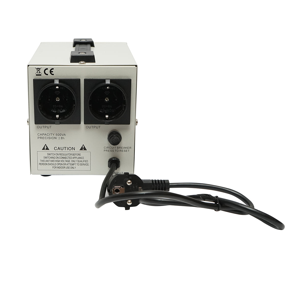 Stabilizzatore di tensione automatico 500VA con relè monofase, 2 prese schuko 230V, display LCD Breckner Germany