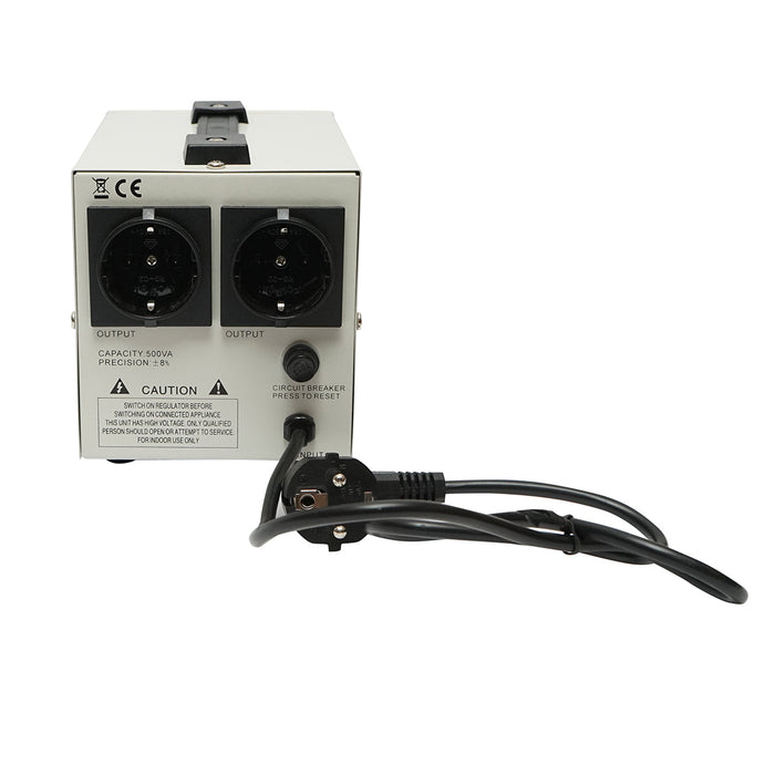Stabilizzatore di tensione automatico 500VA con relè monofase, 2 prese schuko 230V, display LCD Breckner Germany