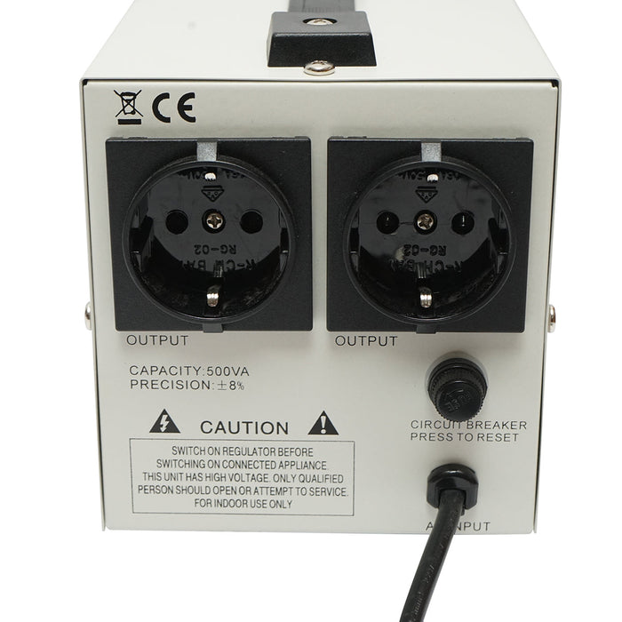 Stabilizzatore di tensione automatico 500VA con relè monofase, 2 prese schuko 230V, display LCD Breckner Germany