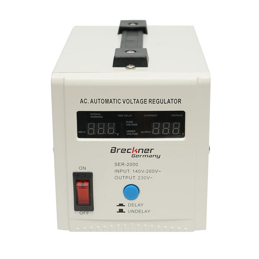 Stabilizzatore di tensione automatico monofase con relè 2000VA/140-260V, 2 prese schuko 230V, display LCD Breckner Germany