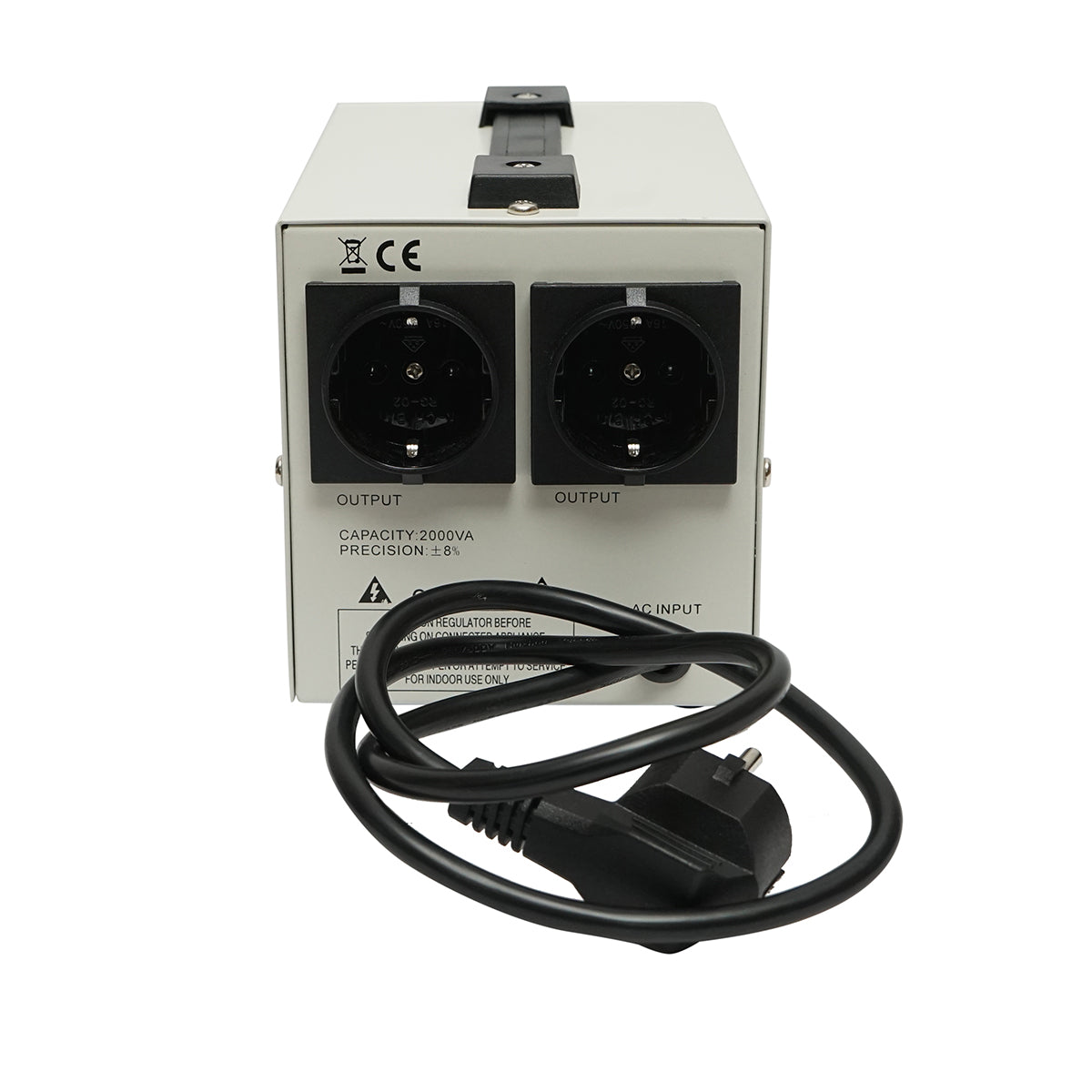 Stabilizzatore di tensione automatico monofase con relè 2000VA/140-260V, 2 prese schuko 230V, display LCD Breckner Germany