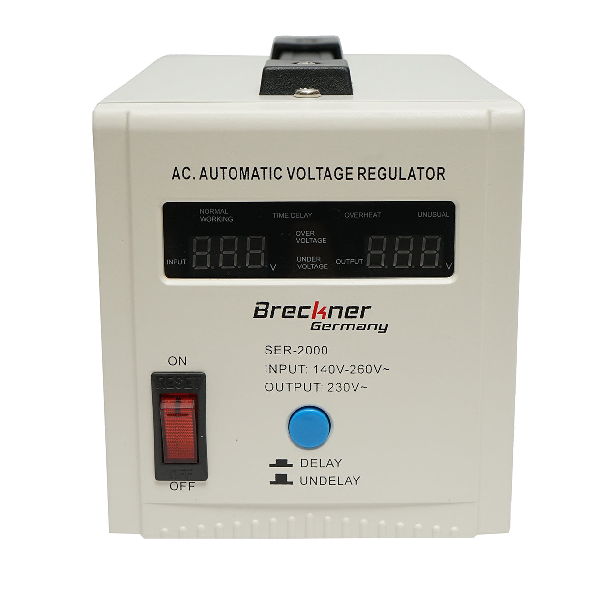 Stabilizzatore di tensione automatico monofase con relè 2000VA/140-260V, 2 prese schuko 230V, display LCD Breckner Germany