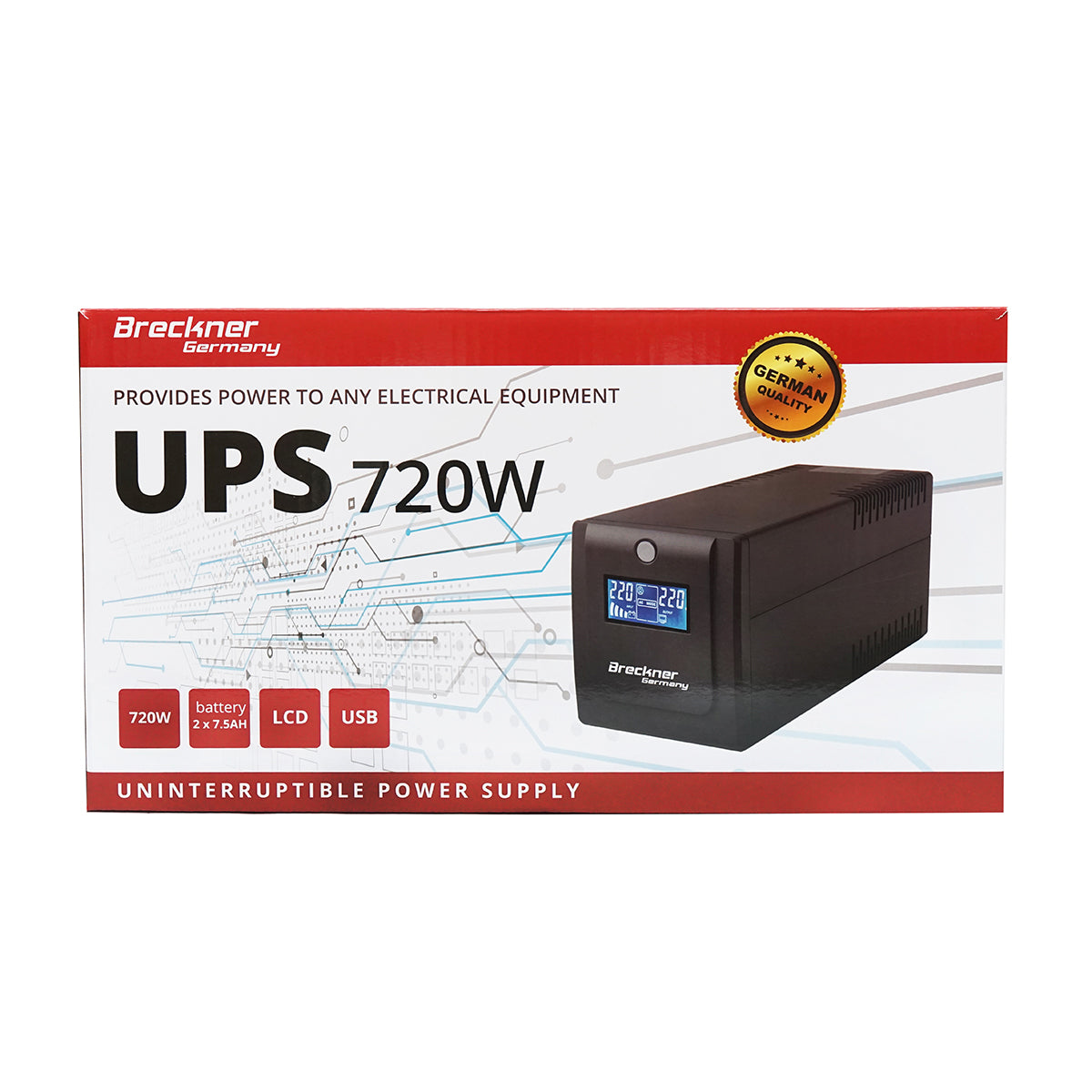 UPS 1000VA/600W con 2 batterie da 7,5Ah e 4 prese schuko, LCD, USB Breckner Germany
