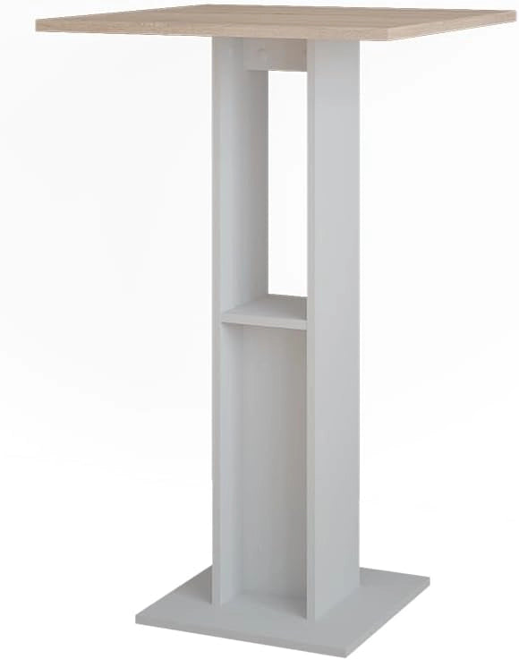 Tavolo da bar Repose, Bianco/Sonoma, 65 x 65 cm, con ripiano laterale per la conservazione di bottiglie e bicchieri
