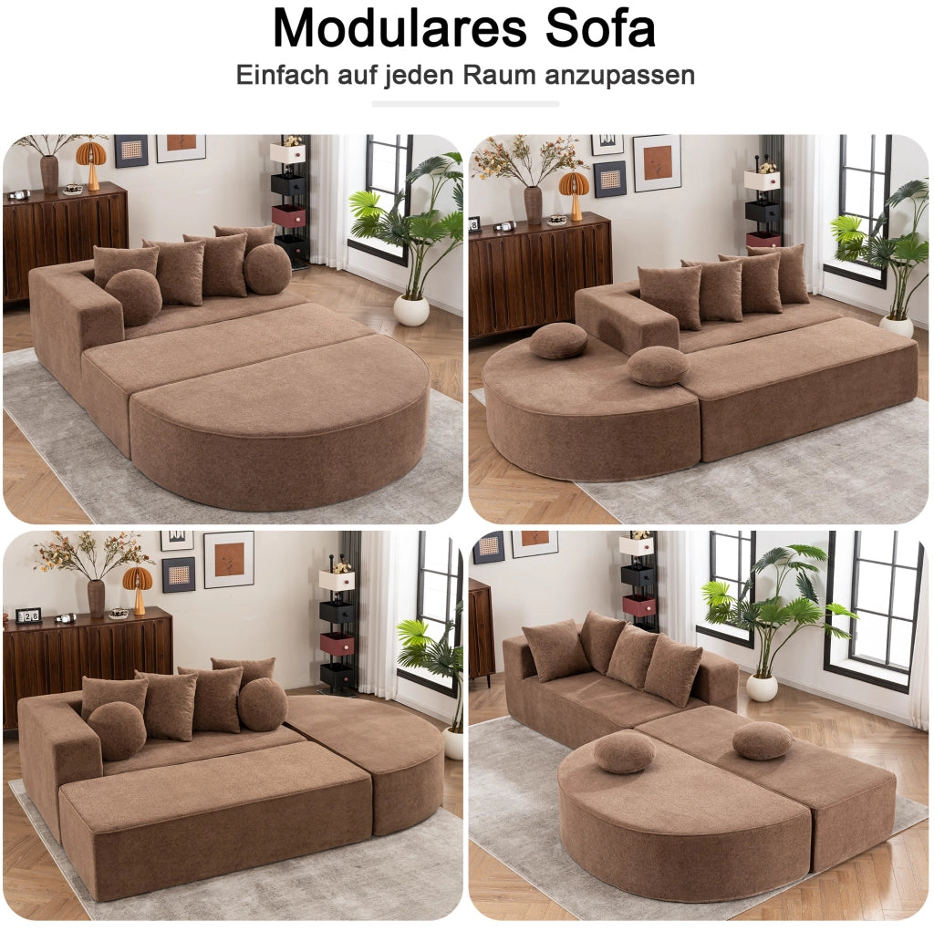 Divano modulare ULEVR 263x171 cm trasformabile in letto, ciniglia marrone con 6 cuscini