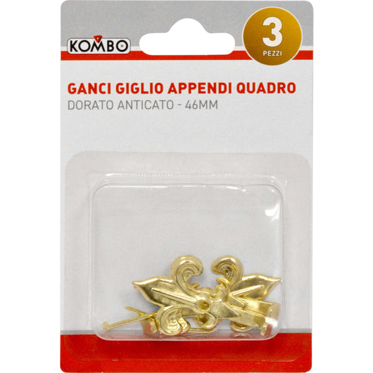Set 3 pz ganci appendi quadro giglio colore dorato anticato