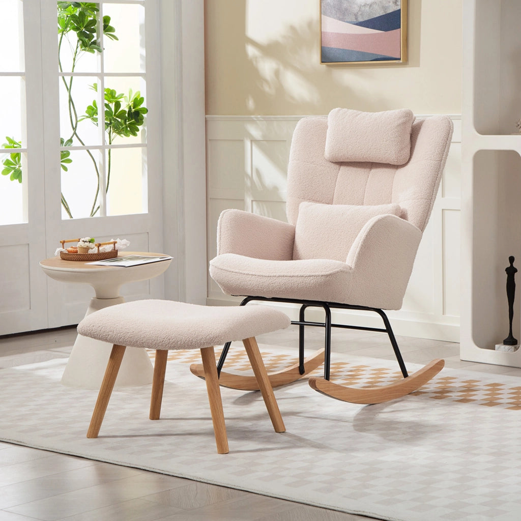 Poltrona dondolo con poggiapiedi ¨C Xylo ¨C tessuto fleece beige, gambe legno, schienale alto