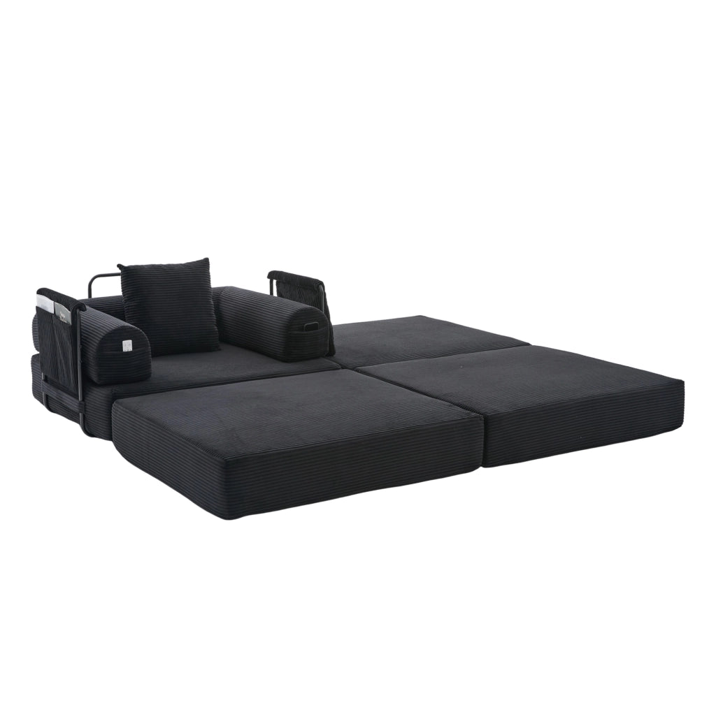 Divano modulare in velluto a coste nero 112 x 190 x 67 cm con cuscino e tasca laterale