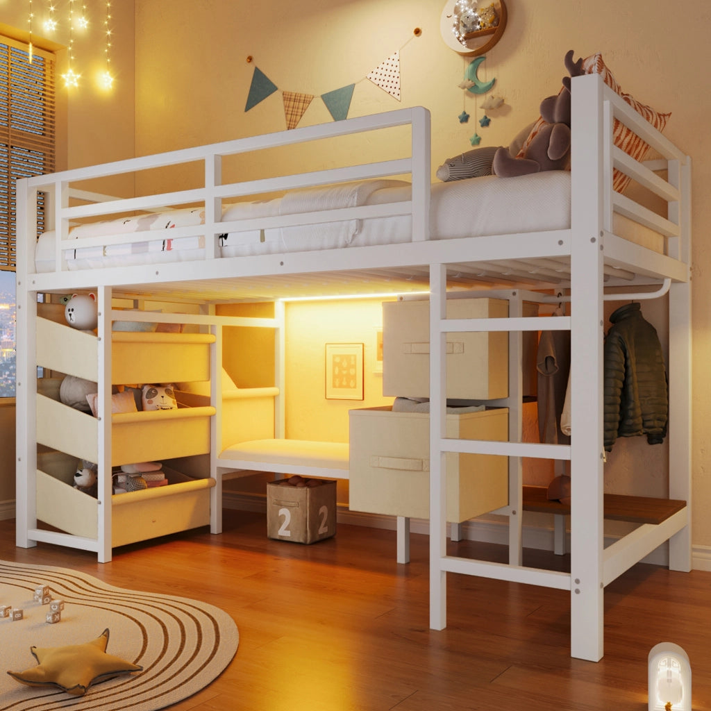 LETTO Semialto 90x200 cm Metallo Bianco con cuscino e contenitori in tessuto