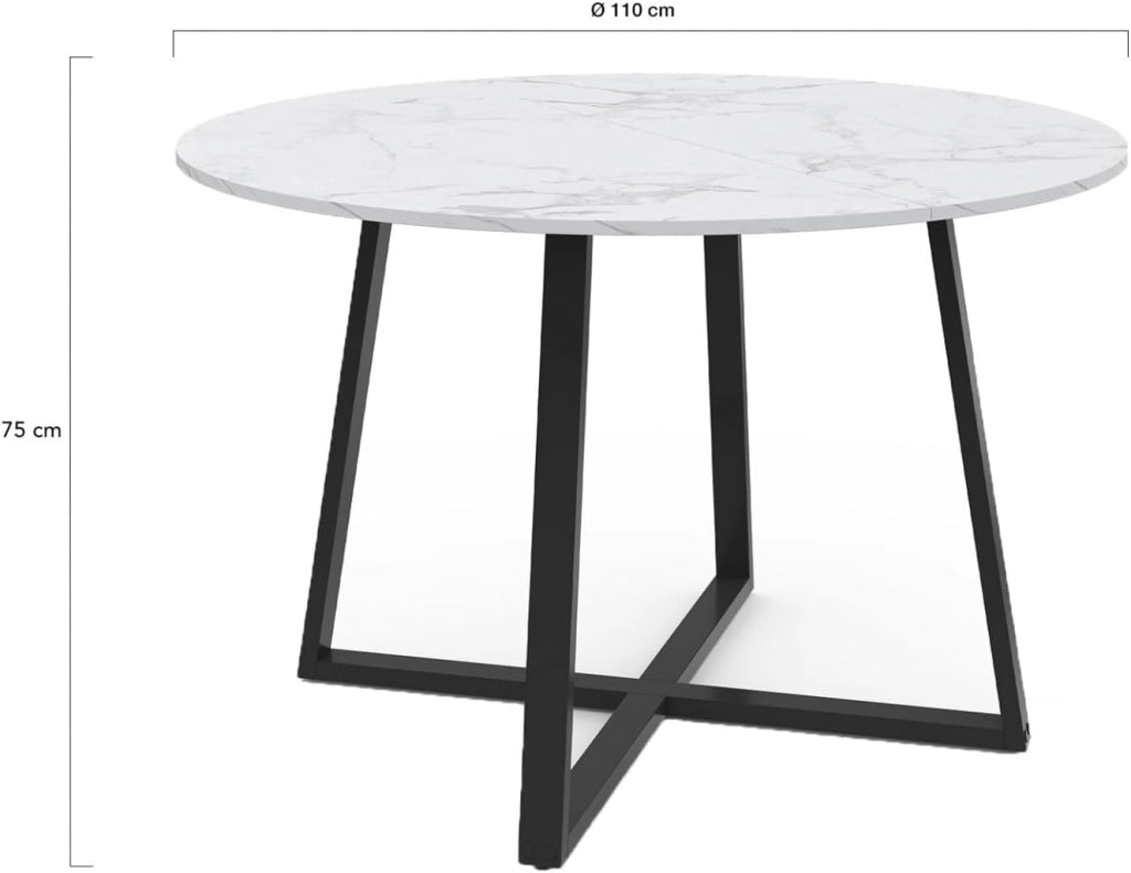 Tavolo da pranzo rotondo SELMA 4-6 persone ALASKA piano effetto marmo bianco e nero 110 cm