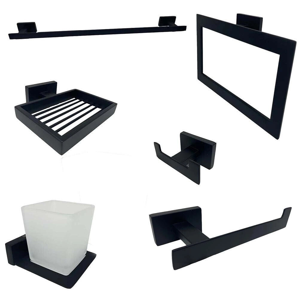 Trade Shop - Set Bagno Rettangolare Nero 6pz Porta Asciugamano Rotolo Bicchiere Spazzolino 87262 -