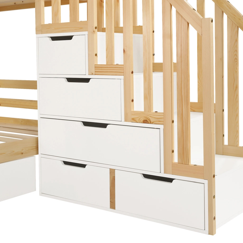 Letto a castello 90x200 cm con cassetti e scala di sicurezza in legno e MDF bianco e naturale