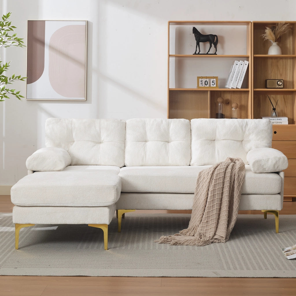 Divano ad angolo reversibile a 3 posti con braccioli imbottiti e cuscini in chenille e legno beige